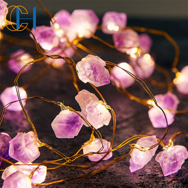 C&H Natural Shining Stone Rose Quartz Fairy String Lights with Remote for Bedroom Party Christmas Decor