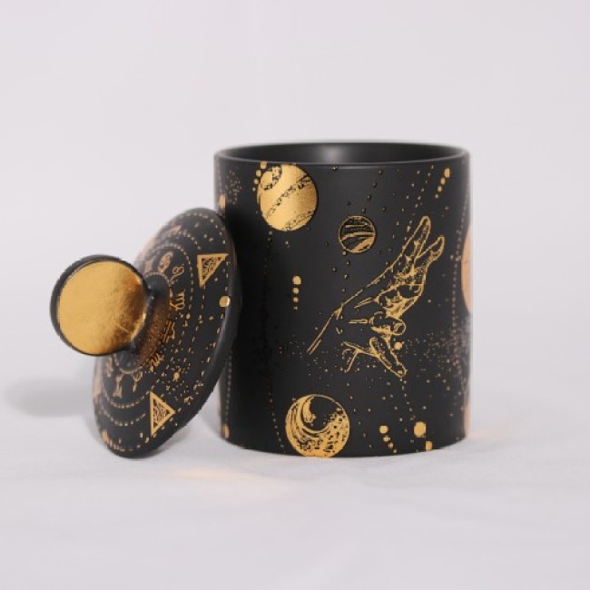 C&H Mystery Design Home Decor 12 Zodiac Candle Vessel Empty Black Star Coin Ceramic Candle Jar with Lid for Gift