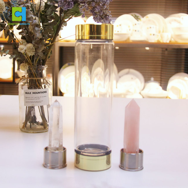C&H Customized Infuser Water Bottle Glass Drinking Bottle with Healing Crystals Stainless Steel Bamboo Lid Glass Water Bottle