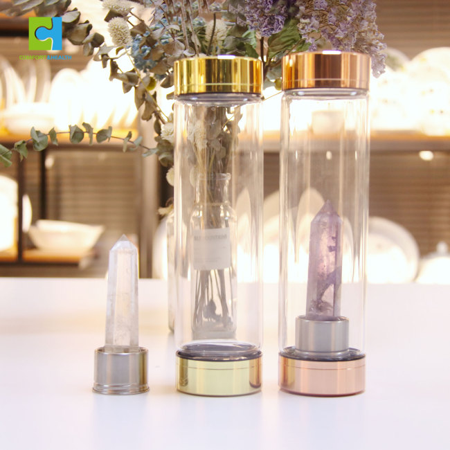 C&H Customized Infuser Water Bottle Glass Drinking Bottle with Healing Crystals Stainless Steel Bamboo Lid Glass Water Bottle