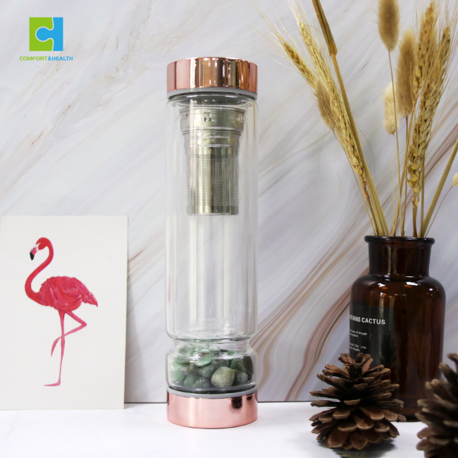 C&H Custom Logo Two Openings Gem Crystal Gemstone Bamboo Quartz Water Bottle With Natural Crystal Stone
