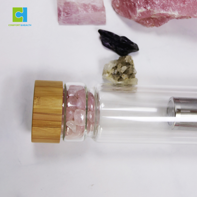 C&H Custom Logo Two Openings Gem Crystal Gemstone Bamboo Quartz Water Bottle With Natural Crystal Stone