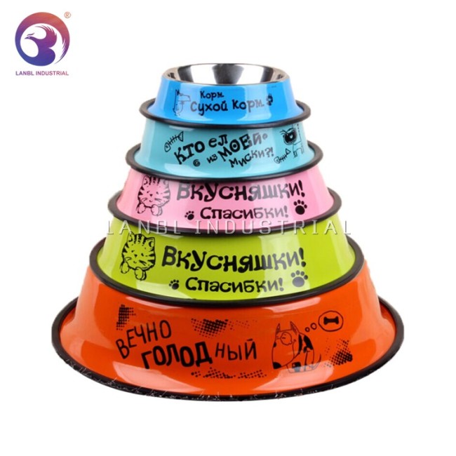 Colorful Stainless Steel Pet Bowls with Rubber Base and Colorful Decal