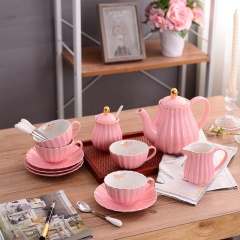 Ceramic cup and dish set one pot four cup and dish milk pot sugar cup stripe set