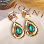 Fashion Retro Palace Style Women Jewelry Gold Emerald Metallic Drop Hoop Earrings with Crystal