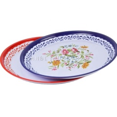 25-55cm Wholesale Round Stainless Steel Tray Imitation Enamel Printed Dinner Plates Dishes Set