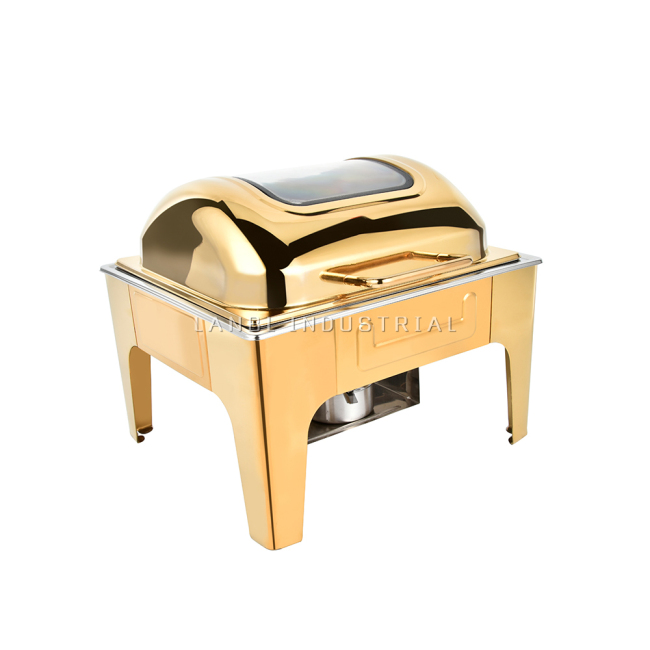 Square Stainless Steel Thickened Food Warmer Large Capacity Hot Pot Heater Buffet Chafing Dish Visible Glass Cover
