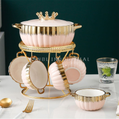 Modern Crown Painted Gold Ceramic Soup Bowl Set With Lid And Stand