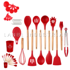Factory Wholesale Wooden Handle Silicone Cookware 23 Pieces Silicone Spoon Spatula Kitchen Gadget Set