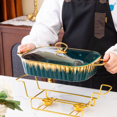 European Spirit Oven Stock Pot Rectangular Gold Ceramic Light Fire Heated Hotel Dry Stock Pot With Creative Pot Holder