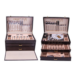 High Quality Stainless Steel  Leather Suitcase Packing 72 Piece Set For 12 Persons Wedding Tableware