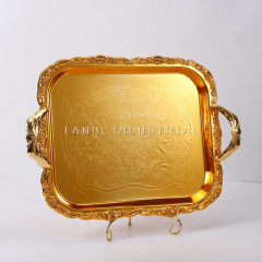 Factory Direct golden tray Fruit Nut Stainless Steel Silver Serving Tray Family Hotel Wholesale Tray with handles
