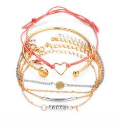 6 Pieces Set Alloy Bangle Heart Rope Bracelet Women Charm Party Wedding Jewelry Accessories