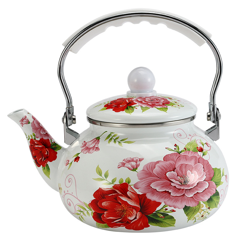 White Pottery Cimbine Handle Enamed Round Rose Peony Tea Coffee Water Kettles