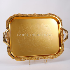 Factory Direct golden tray Fruit Nut Stainless Steel Silver Serving Tray Family Hotel Wholesale Tray with handles