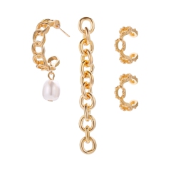 Low Price 4pieces Gold Plated Chain Link Pearl Drop Hoop Pin Stud Earrings and Ear Clip Set