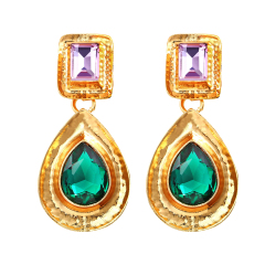 Fashion Retro Palace Style Women Jewelry Gold Emerald Metallic Drop Hoop Earrings with Crystal