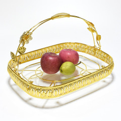 Vintage Best Sale Gold Square Portable Exotic Glass Iron Fruit Vegetable Basket Tray For Kitchen Storage