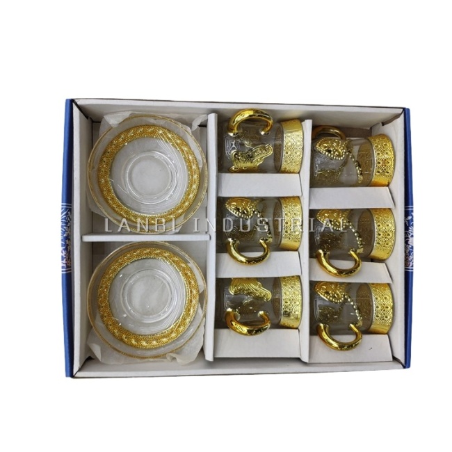 Wholesale  Glass Gold Cups and Saucers Arabic Tea Cup Set Glass Coffee Cup Saucer Set