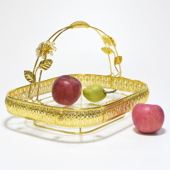 Vintage Best Sale Gold Square Portable Exotic Glass Iron Fruit Vegetable Basket Tray For Kitchen Storage