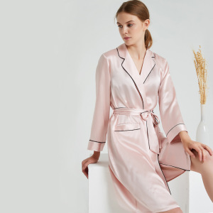 Robe feminino quimono de cetim rosa de seda pura com debrum