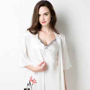 Conjunto de bata de satén kimono de seda blanca 100% para mujer