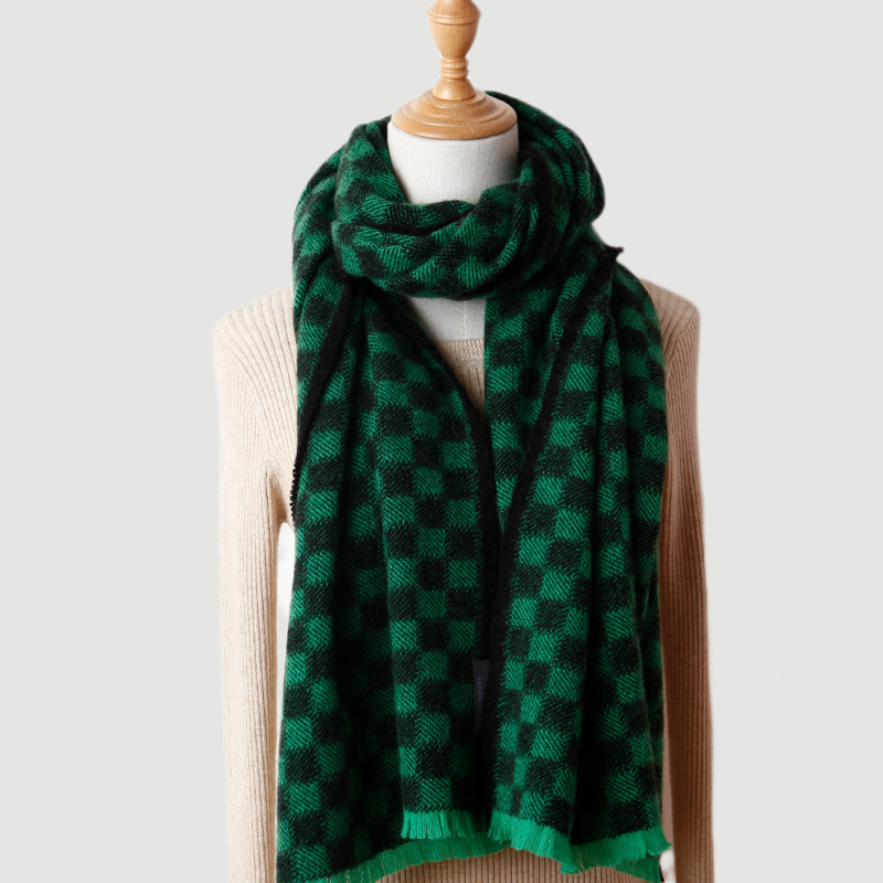 Châle écharpe double usage en laine à motif damier pour femmes