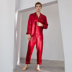 Conjunto de pijama de dos piezas de manga larga y pantalón de seda de morera 100% personalizado para hombres