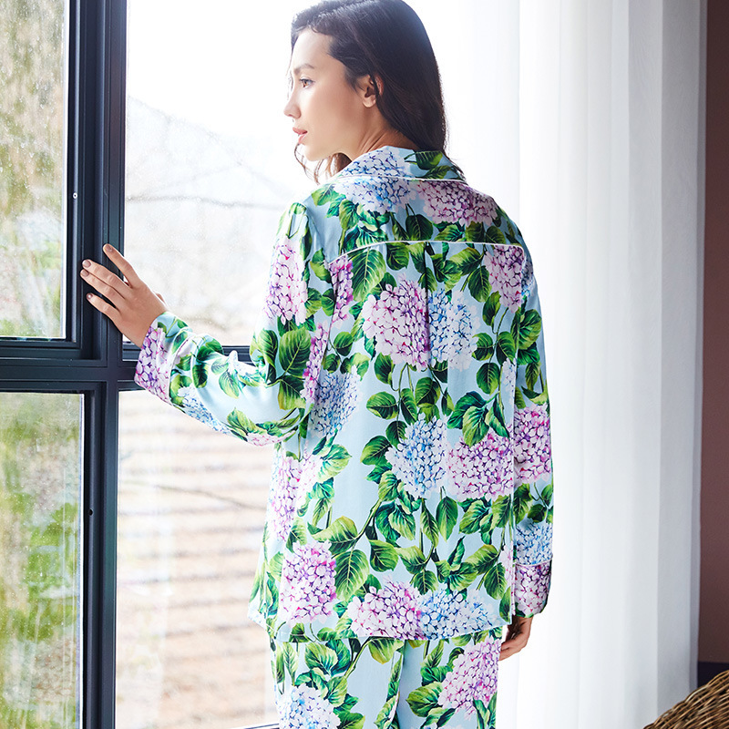 Custom Green Flowers Design Digital Print Silk Pajamas For Women