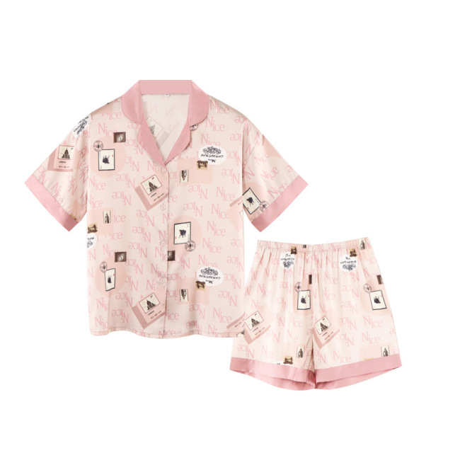 Pijama de seda com estampa digital rosa personalizado com seu próprio design