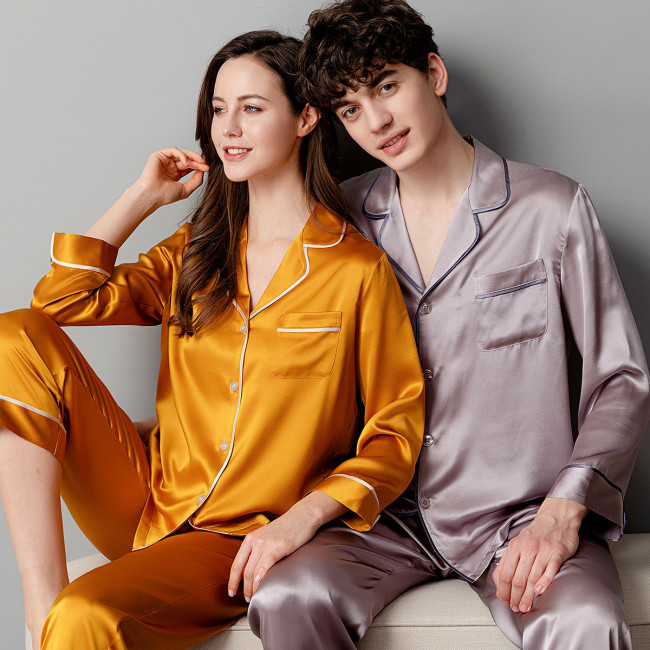 Conjunto de ropa de dormir de 2 uds de alta calidad personalizada, pijamas de seda de colores sólidos para parejas