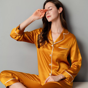 Conjunto de pijamas de seda cores sólidas 2 peças personalizado de alta qualidade para casais