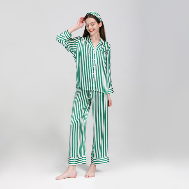 Conjunto de pijamas de seda de diseño clásico a rayas con impresión personalizada