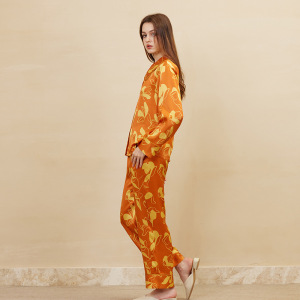 Orange Blumen bedrucktes Damen-Pyjama-Set aus reiner 19-Momme-Seide
