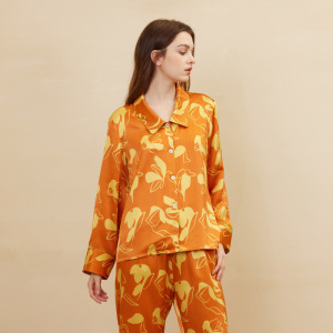 Orange Flowers Printed Women 19 Momme Pure Silk Pajama Set