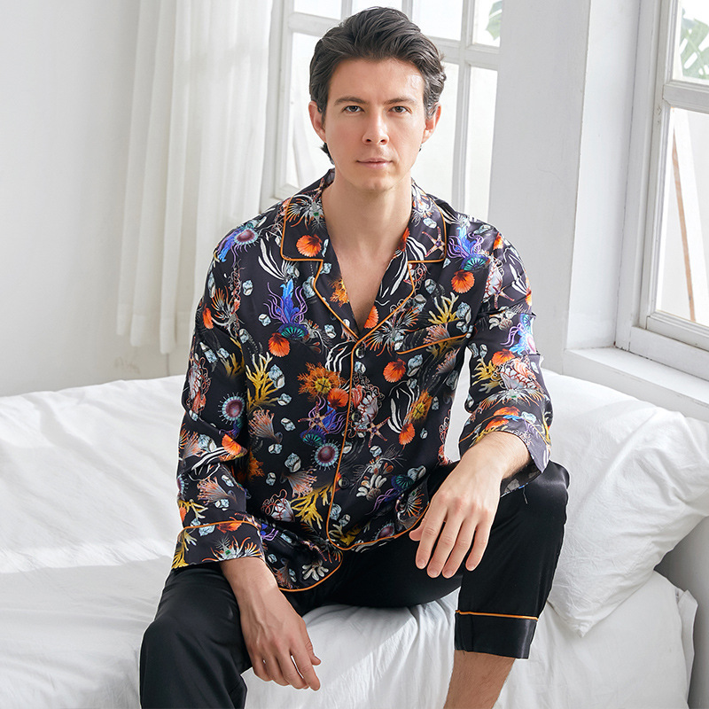 Custom Mens Printing Silk Long Sleeve And Pant Two-piece Pajamas Set