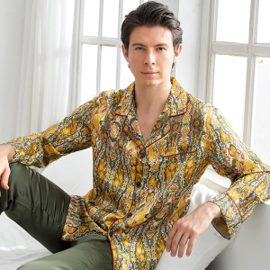 Custom Mens Printing Silk Long Sleeve And Pant Two-piece Pajamas Set