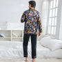 Conjunto de pijama de duas peças com estampa masculina de seda manga longa e calça