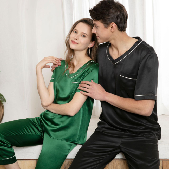 Conjunto de pijama de seda con pantalón largo y top de manga corta personalizado para parejas