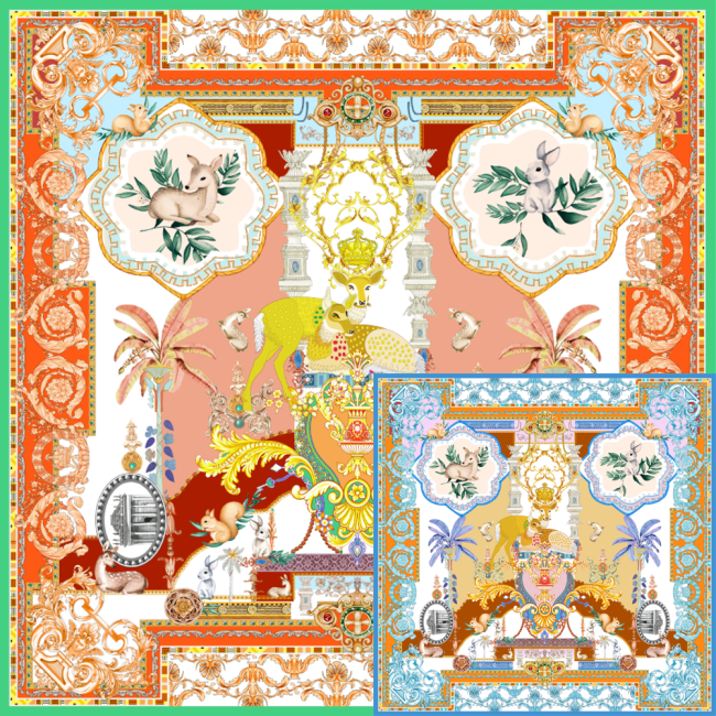 Foulard en sergé de soie 16 Momme imprimé recto-verso The Deer Kingdom
