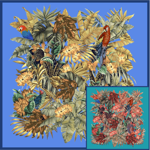 Foulard en sergé de soie 16 momme imprimé oiseaux et plantes recto-verso
