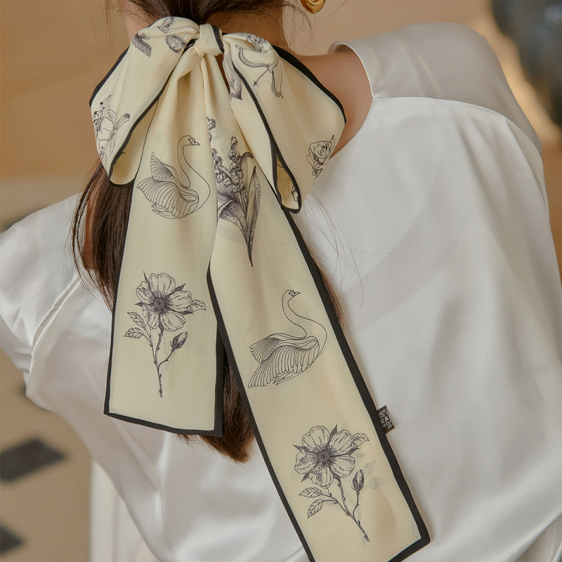 Wholesale High Quality Lady Silk Cotton Twilly Scarf Bags Handle Echarpes  Printed Scarves Small Ribbon