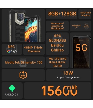 Oukitel WP15 Rugged Smartphone Dimensity 700 Octa Core 8GB + 128GB 15600mAh 48MP 6.52 '' Teléfono celular NFC