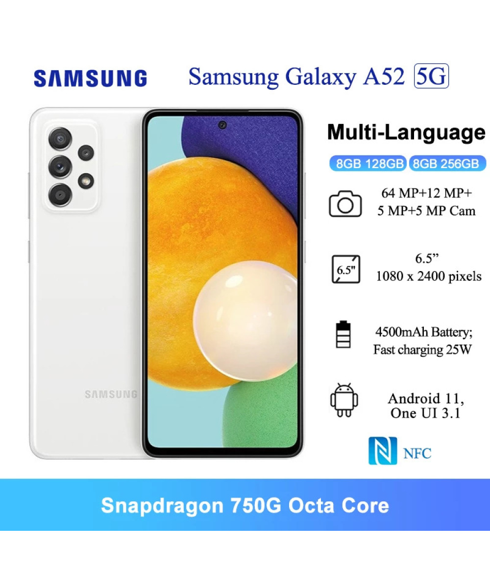 Global Rom Samsung Galaxy A52 5G Android 6.5" FHD+ Snapdragon 750G Octa core Smartphone, Cellulare Android, Resistente all'acqua, Fotocamera 64MP, 8GB 128GB NFC Nero Ricarica rapida Telefoni cellulari 25W