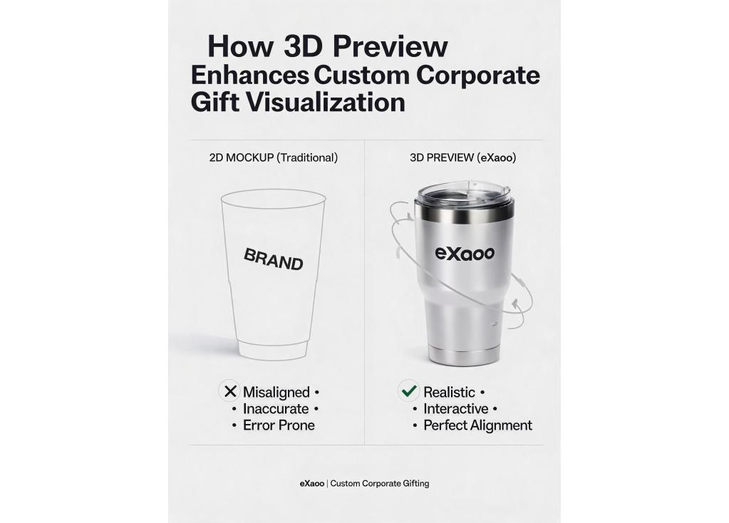How does 3D preview help visualize custom corporate gifts before production?