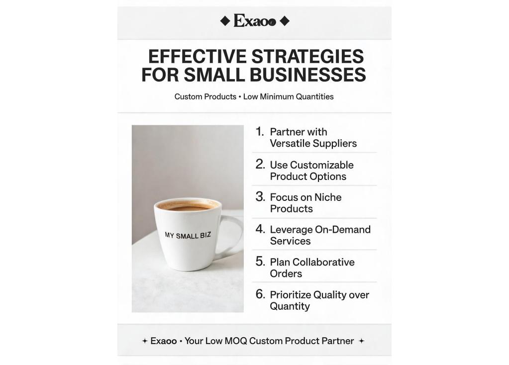 What are effective strategies for small businesses to order custom products in low minimum quantities?