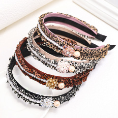Vintage fashion liked leopard pleated fabric women girls pearl hairbands