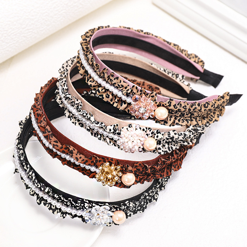 Vintage fashion liked leopard pleated fabric women girls pearl hairbands Vintage fashion liked leopard pleated fabric women girls pearl hairbands
