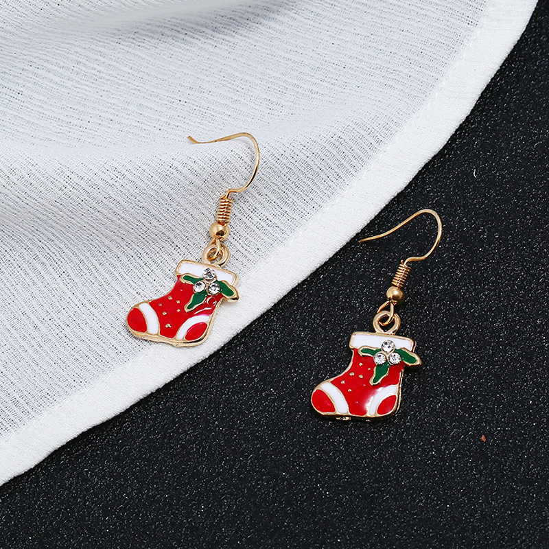 Trendy new rhinestone alloy oil drip paint christmas stocking women hook earrings Trendy new rhinestone alloy oil drip paint christmas stocking women hook earrings