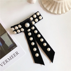 2020 Custom ins fancy fashion vintage lady black long scrunchy pearl bow hair clips clippers for women